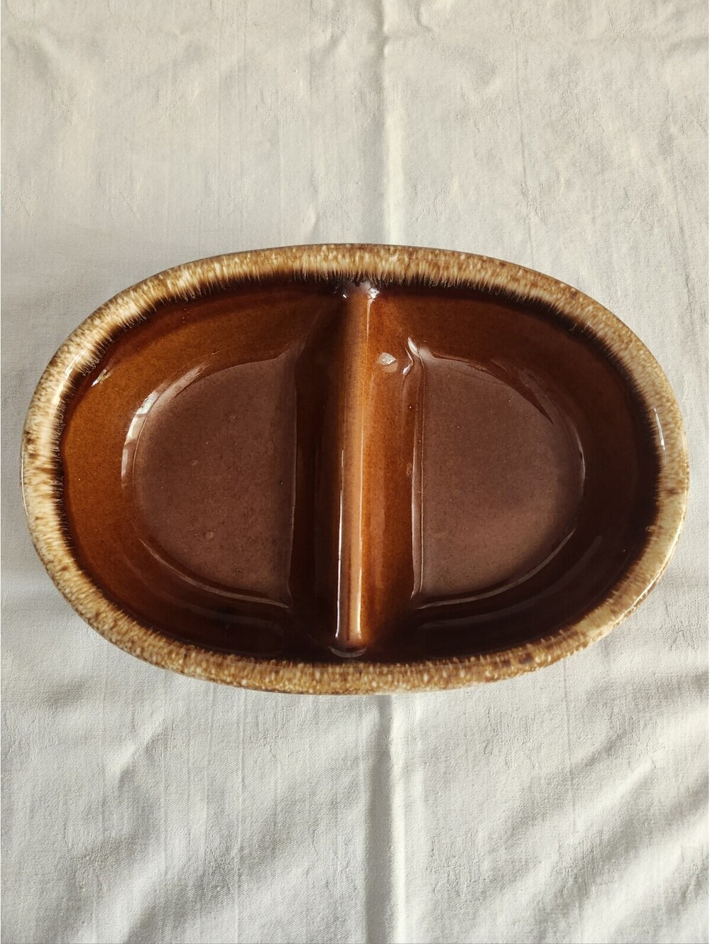 Vintage Hull Pottery Oven Proof USA Brown Drip Divided Bowl Serving Dish